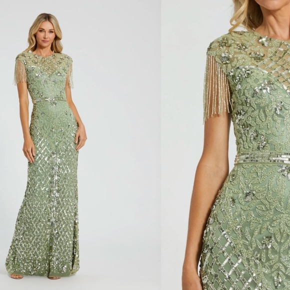 MAC DUGGAL 4908 high neck sleeveless beaded fringe fitted sage GOWN sz 4 - Picture 1 of 5